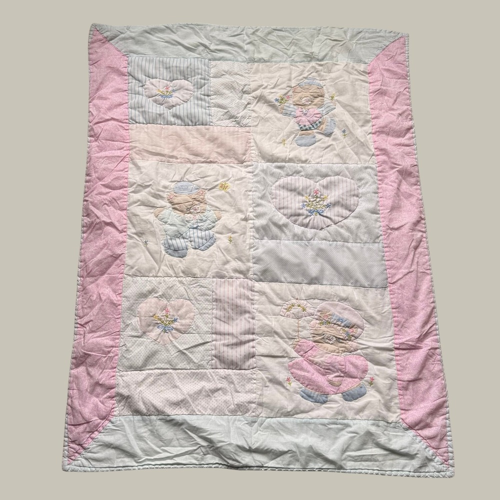 Vintage Handmade Patchwork Baby Quilt Teddy Bear Heart Embroidery Pink Blue